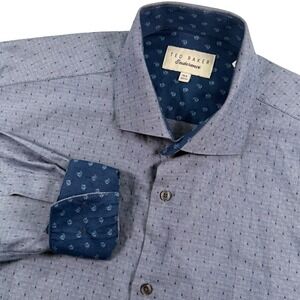 Ted Baker Endurance Mens 15.5 Dress Shirt Blue Patterned Long Sleeve Button Down